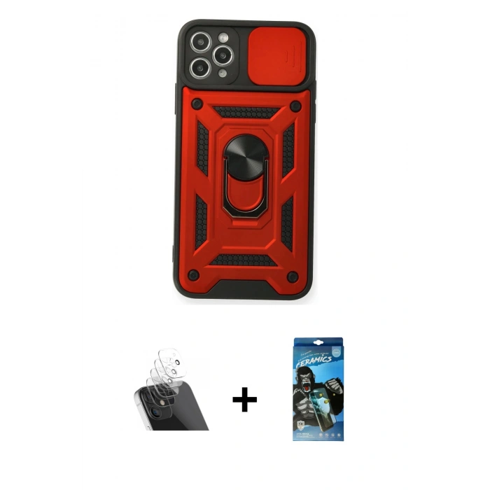 MARSİLYAN™- iPhone 11 Pro Max Kılıf Ahenk Klasik - Siyah 34D Izgaralı Cam + Kamera Lens Koruma Cam - SF