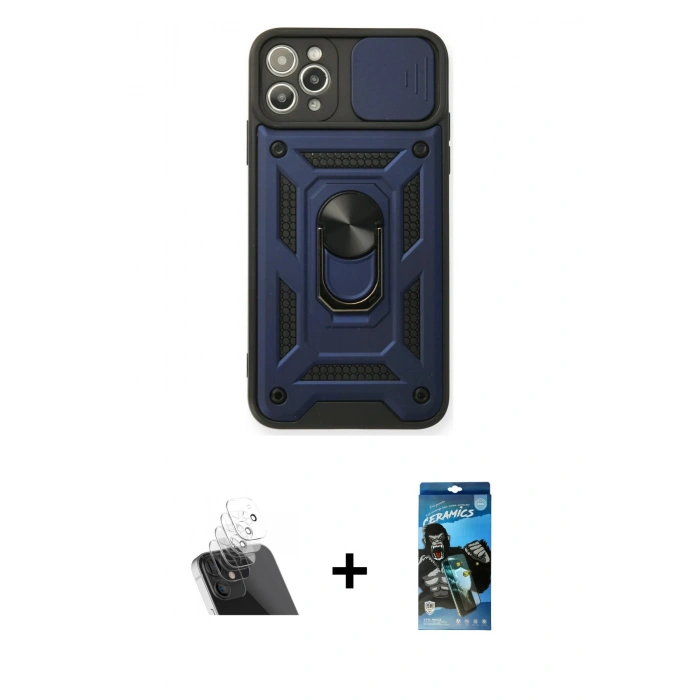 MARSİLYAN™- iPhone 11 Pro Max Kılıf Ahenk Klasik - Siyah 34D Izgaralı Cam + Kamera Lens Koruma Cam - SF
