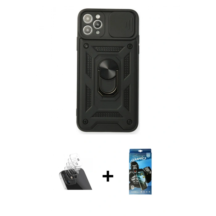 MARSİLYAN™- iPhone 11 Pro Max Kılıf Ahenk Klasik - Siyah 34D Izgaralı Cam + Kamera Lens Koruma Cam - SF