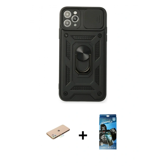 MARSİLYAN™- iPhone 11 Pro Max Kılıf Ahenk Klasik - Siyah 34D Izgaralı Cam + Renkli Kamera Lens Koruma Cam - MI