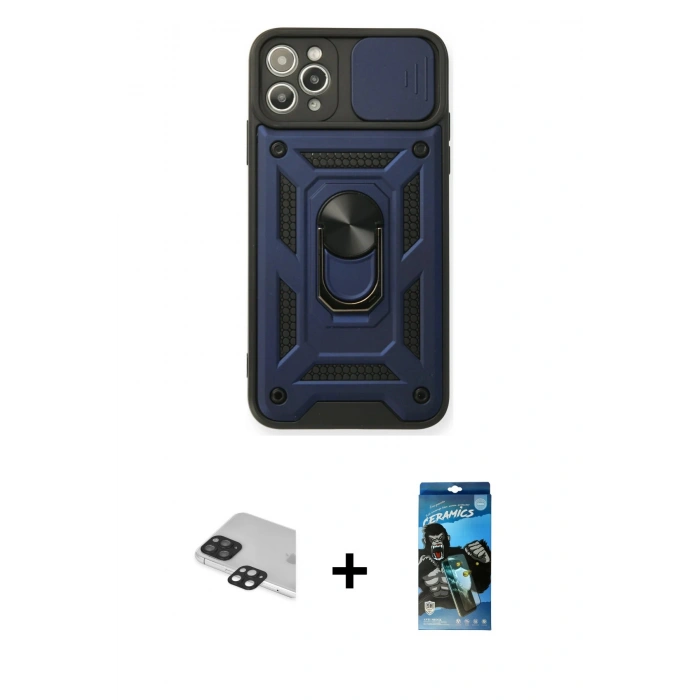 MARSİLYAN™- iPhone 11 Pro Max Kılıf Ahenk Klasik - Siyah 34D Izgaralı Cam + Pers Alüminyum Kamera Lens - SH