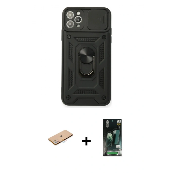 MARSİLYAN™- iPhone 11 Pro Max Kılıf Ahenk Klasik - Siyah 360 Mat Full Body Arka Koruyucu + Renkli Kamera Lens Koruma Cam - PE