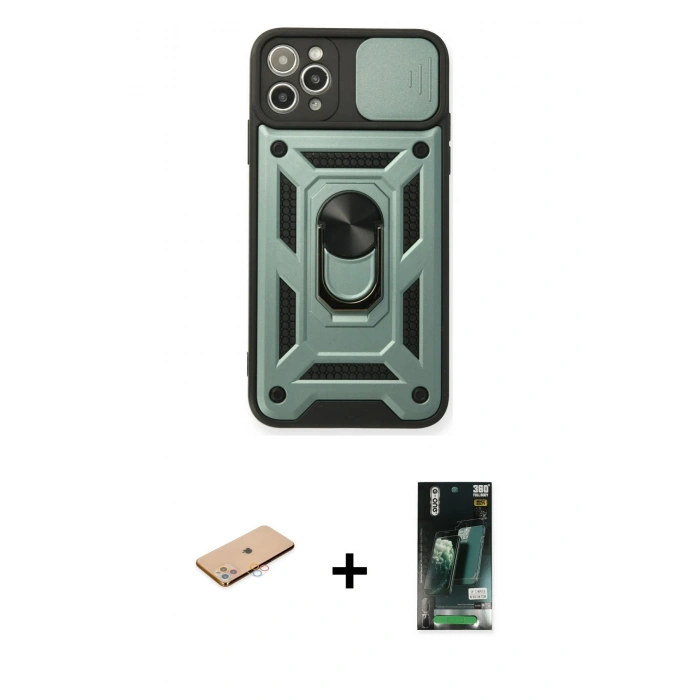MARSİLYAN™- iPhone 11 Pro Max Kılıf Ahenk Klasik - Siyah 360 Mat Full Body Arka Koruyucu + Renkli Kamera Lens Koruma Cam - PE