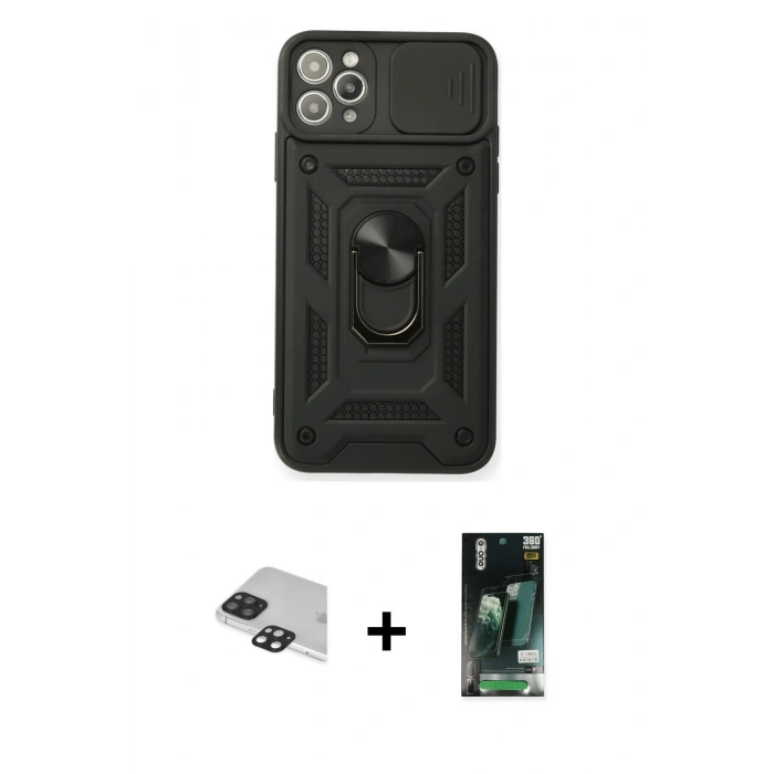MARSİLYAN™- iPhone 11 Pro Max Kılıf Ahenk Klasik - Siyah 360 Mat Full Body Arka Koruyucu + Pers Alüminyum Kamera Lens - SH