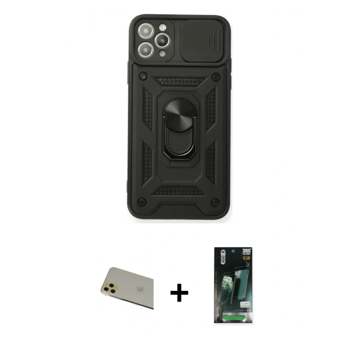 MARSİLYAN™- iPhone 11 Pro Max Kılıf Ahenk Klasik - Siyah 360 Mat Full Body Arka Koruyucu + Rainbow Kamera Lens Koruma Cam - GD