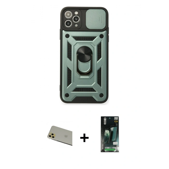 MARSİLYAN™- iPhone 11 Pro Max Kılıf Ahenk Klasik - Siyah 360 Mat Full Body Arka Koruyucu + Rainbow Kamera Lens Koruma Cam - GD