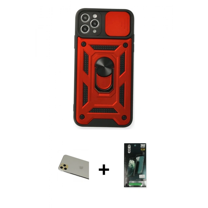 MARSİLYAN™- iPhone 11 Pro Max Kılıf Ahenk Klasik - Siyah 360 Mat Full Body Arka Koruyucu + Rainbow Kamera Lens Koruma Cam - GD