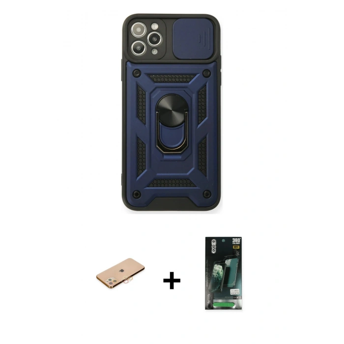 MARSİLYAN™- iPhone 11 Pro Max Kılıf Ahenk Klasik - Siyah 360 Mat Full Body Arka Koruyucu + Renkli Kamera Lens Koruma Cam - TU