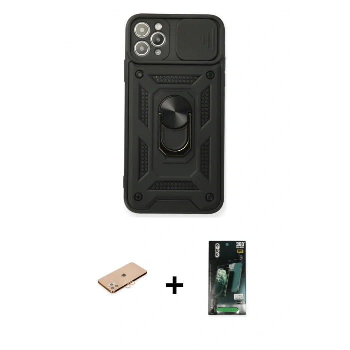 MARSİLYAN™- iPhone 11 Pro Max Kılıf Ahenk Klasik - Siyah 360 Mat Full Body Arka Koruyucu + Renkli Kamera Lens Koruma Cam - TU