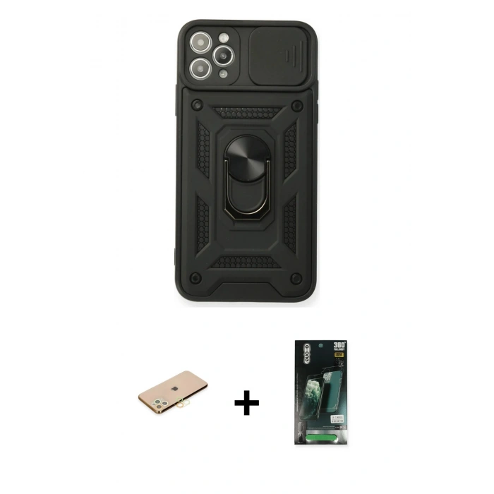 MARSİLYAN™- iPhone 11 Pro Max Kılıf Ahenk Klasik - Siyah 360 Mat Full Body Arka Koruyucu + Sarı Renkli Kamera Lens Koruma Cam
