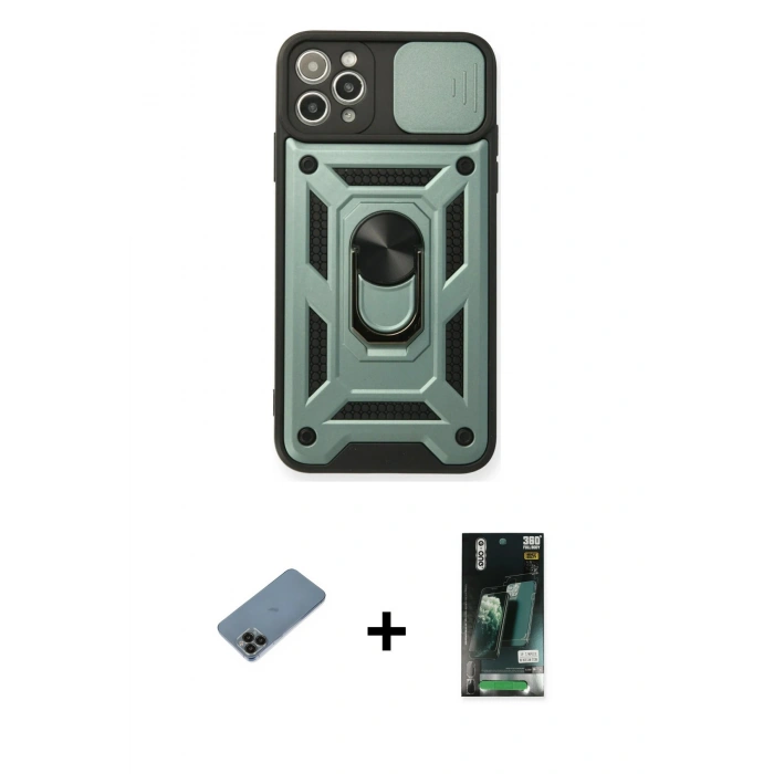 MARSİLYAN™- iPhone 11 Pro Max Kılıf Ahenk Klasik - Siyah 360 Mat Full Body Arka Koruyucu + Shine Kamera Lens Koruma Cam - SH