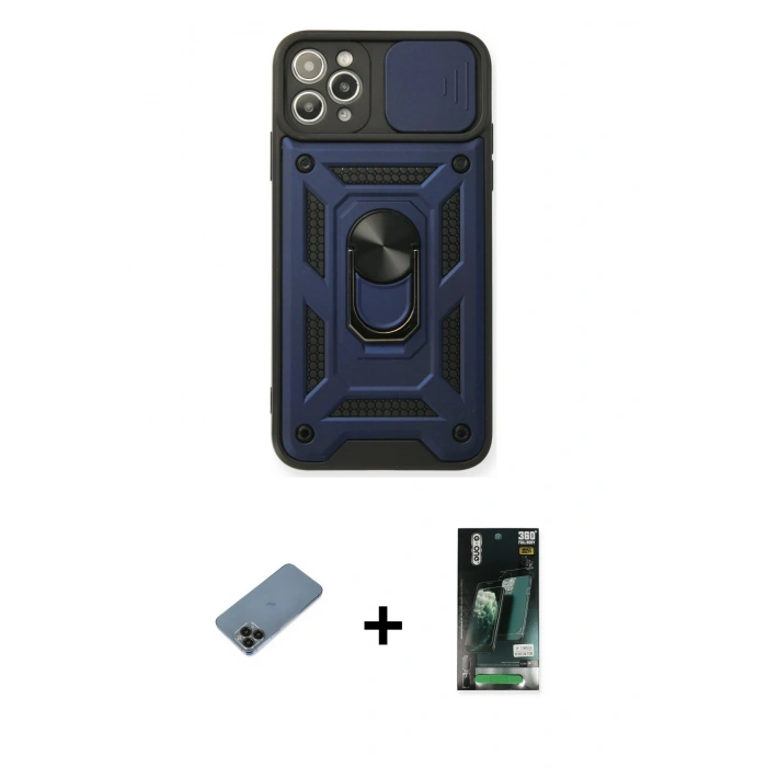 MARSİLYAN™- iPhone 11 Pro Max Kılıf Ahenk Klasik - Siyah 360 Mat Full Body Arka Koruyucu + Shine Kamera Lens Koruma Cam - SH