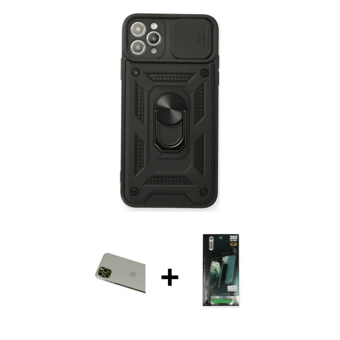 MARSİLYAN™- iPhone 11 Pro Max Kılıf Ahenk Klasik - Siyah 360 Mat Full Body Arka Koruyucu + Rainbow Kamera Lens Koruma Cam - YL