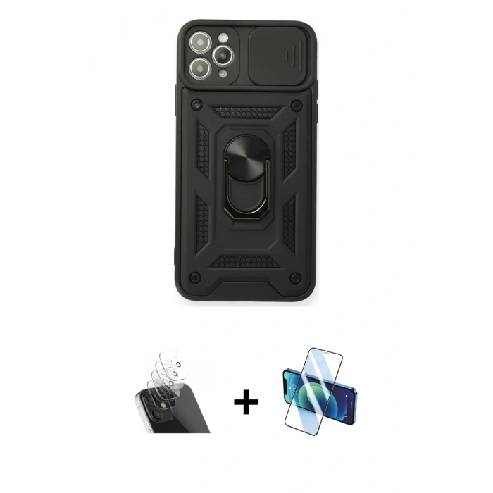MARSİLYAN™- iPhone 11 Pro Max Kılıf Ahenk Klasik - Siyah 3D Antistatik Cam Ekran Koruyucu + Kamera Lens Koruma Cam - SF