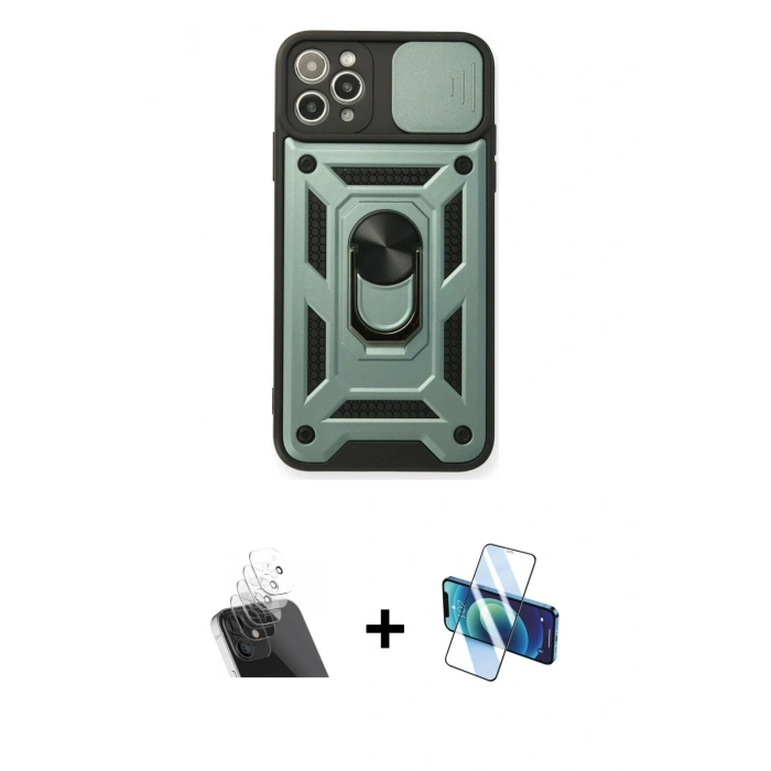 MARSİLYAN™- iPhone 11 Pro Max Kılıf Ahenk Klasik - Siyah 3D Antistatik Cam Ekran Koruyucu + Kamera Lens Koruma Cam - SF