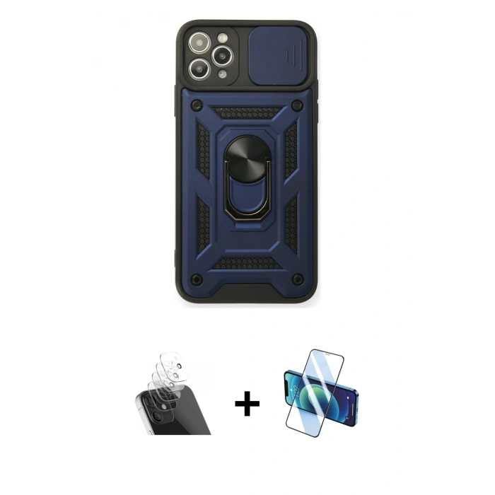MARSİLYAN™- iPhone 11 Pro Max Kılıf Ahenk Klasik - Siyah 3D Antistatik Cam Ekran Koruyucu + Kamera Lens Koruma Cam - SF