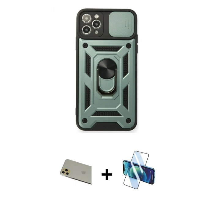 MARSİLYAN™- iPhone 11 Pro Max Kılıf Ahenk Klasik - Siyah 3D Antistatik Cam Ekran Koruyucu + Rainbow Kamera Lens Koruma Cam - GD