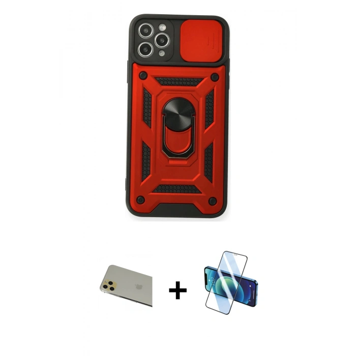 MARSİLYAN™- iPhone 11 Pro Max Kılıf Ahenk Klasik - Siyah 3D Antistatik Cam Ekran Koruyucu + Rainbow Kamera Lens Koruma Cam - GD