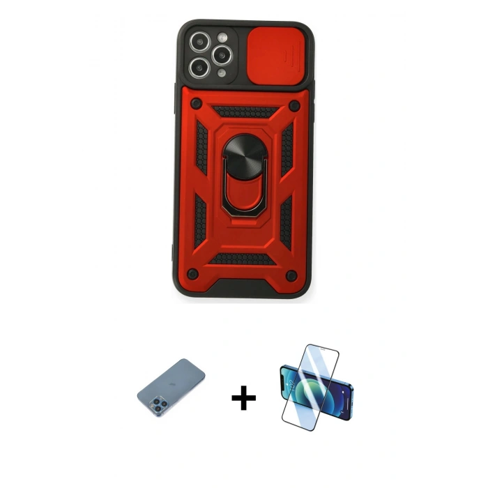 MARSİLYAN™- iPhone 11 Pro Max Kılıf Ahenk Klasik - Siyah 3D Antistatik Cam Ekran Koruyucu + Shine Kamera Lens Koruma Cam - MI