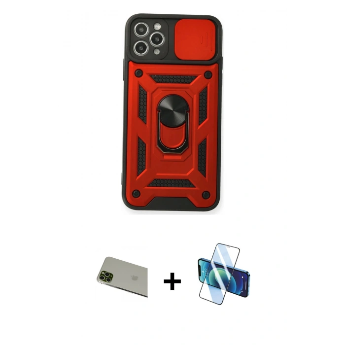 MARSİLYAN™- iPhone 11 Pro Max Kılıf Ahenk Klasik - Siyah 3D Antistatik Cam Ekran Koruyucu + Rainbow Kamera Lens Koruma Cam - YL
