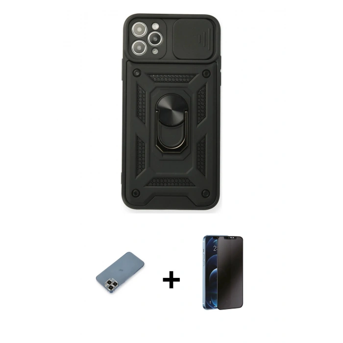 MARSİLYAN™- iPhone 11 Pro Max Kılıf Ahenk Klasik - Siyah 3D Antistatik Hayalet Cam Ekran Koruyucu + Metal Kamera Lens Koruma Cam - GD