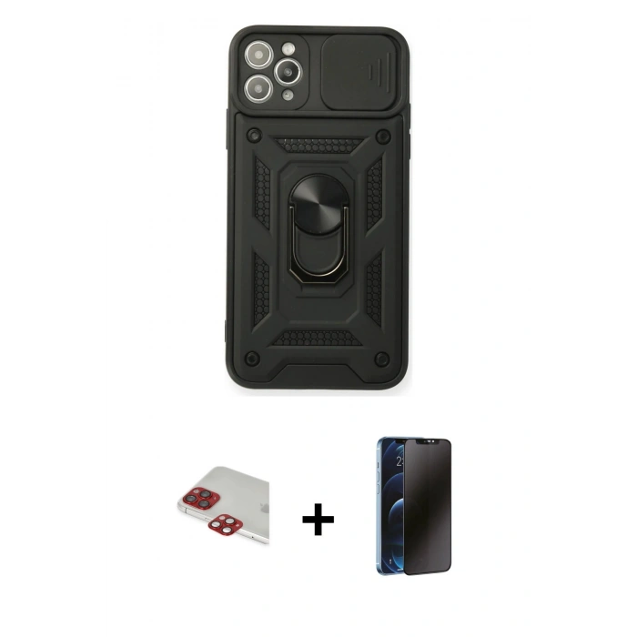 MARSİLYAN™- iPhone 11 Pro Max Kılıf Ahenk Klasik - Siyah 3D Antistatik Hayalet Cam Ekran Koruyucu + Pers Alüminyum Kamera Lens - KI