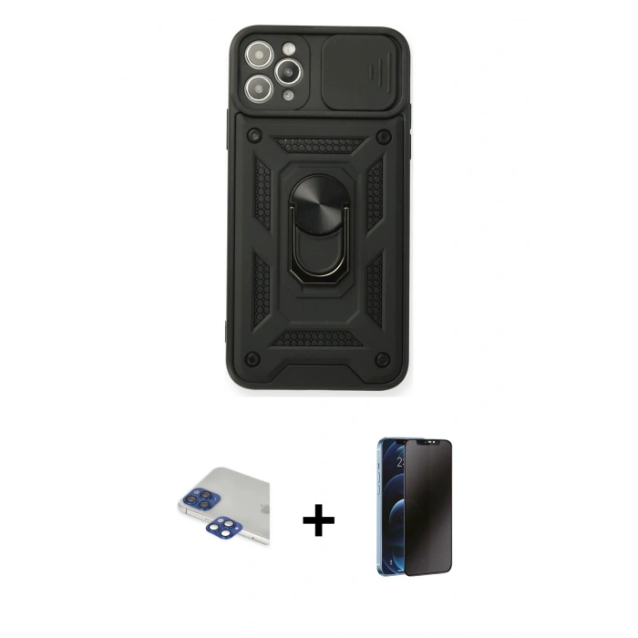 MARSİLYAN™- iPhone 11 Pro Max Kılıf Ahenk Klasik - Siyah 3D Antistatik Hayalet Cam Ekran Koruyucu + Lacivert Pers Alüminyum Kamera Lens