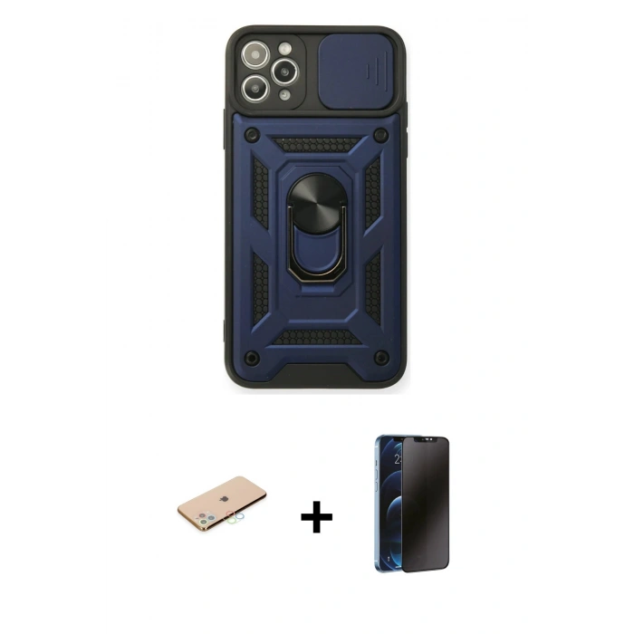 MARSİLYAN™- iPhone 11 Pro Max Kılıf Ahenk Klasik - Siyah 3D Antistatik Hayalet Cam Ekran Koruyucu + Mavi Renkli Kamera Lens Koruma Cam