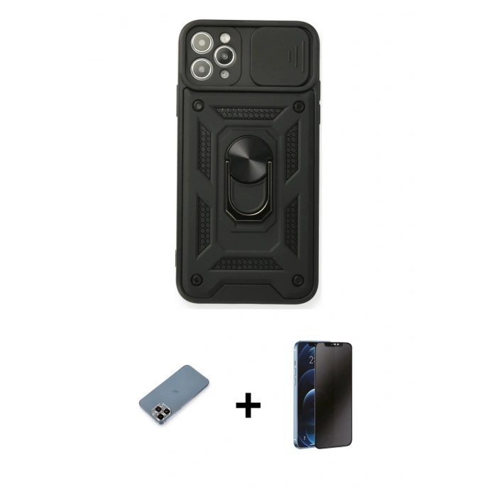 MARSİLYAN™- iPhone 11 Pro Max Kılıf Ahenk Klasik - Siyah 3D Antistatik Hayalet Cam Ekran Koruyucu + Mor Metal Kamera Lens Koruma Cam