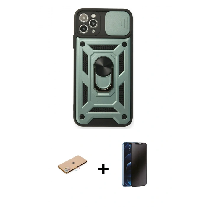MARSİLYAN™- iPhone 11 Pro Max Kılıf Ahenk Klasik - Siyah 3D Antistatik Hayalet Cam Ekran Koruyucu + Renkli Kamera Lens Koruma Cam - PE