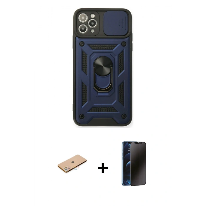 MARSİLYAN™- iPhone 11 Pro Max Kılıf Ahenk Klasik - Siyah 3D Antistatik Hayalet Cam Ekran Koruyucu + Renkli Kamera Lens Koruma Cam - PE