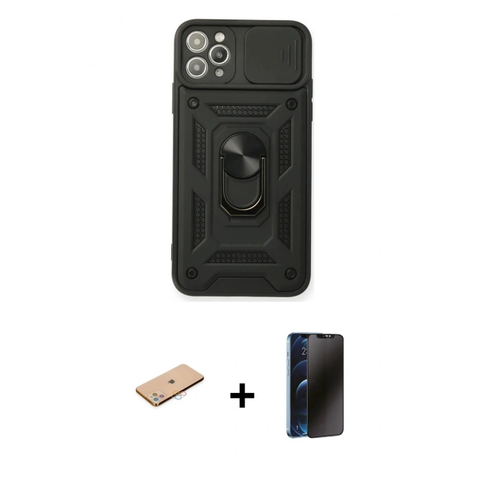 MARSİLYAN™- iPhone 11 Pro Max Kılıf Ahenk Klasik - Siyah 3D Antistatik Hayalet Cam Ekran Koruyucu + Renkli Kamera Lens Koruma Cam - PE