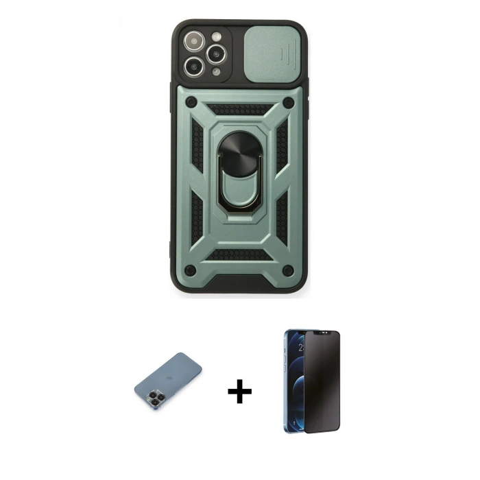 MARSİLYAN™- iPhone 11 Pro Max Kılıf Ahenk Klasik - Siyah 3D Antistatik Hayalet Cam Ekran Koruyucu + Metal Kamera Lens Koruma Cam - SH