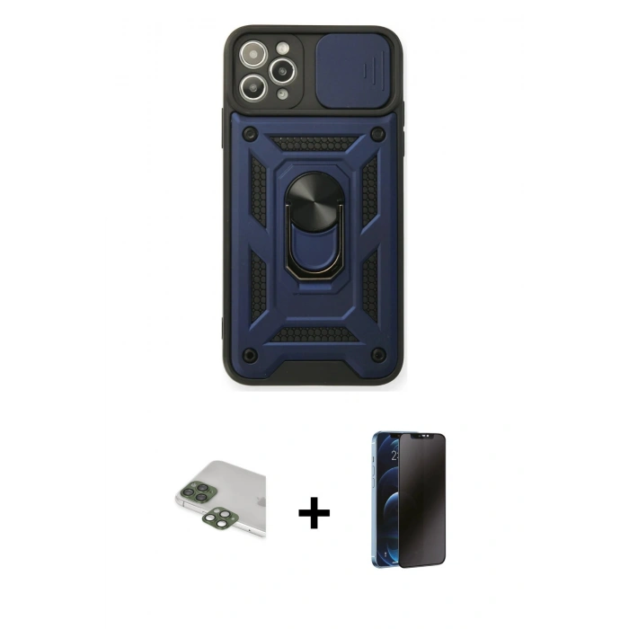 MARSİLYAN™- iPhone 11 Pro Max Kılıf Ahenk Klasik - Siyah 3D Antistatik Hayalet Cam Ekran Koruyucu + Pers Alüminyum Kamera Lens - YL