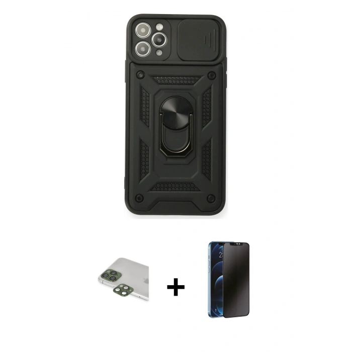 MARSİLYAN™- iPhone 11 Pro Max Kılıf Ahenk Klasik - Siyah 3D Antistatik Hayalet Cam Ekran Koruyucu + Pers Alüminyum Kamera Lens - YL