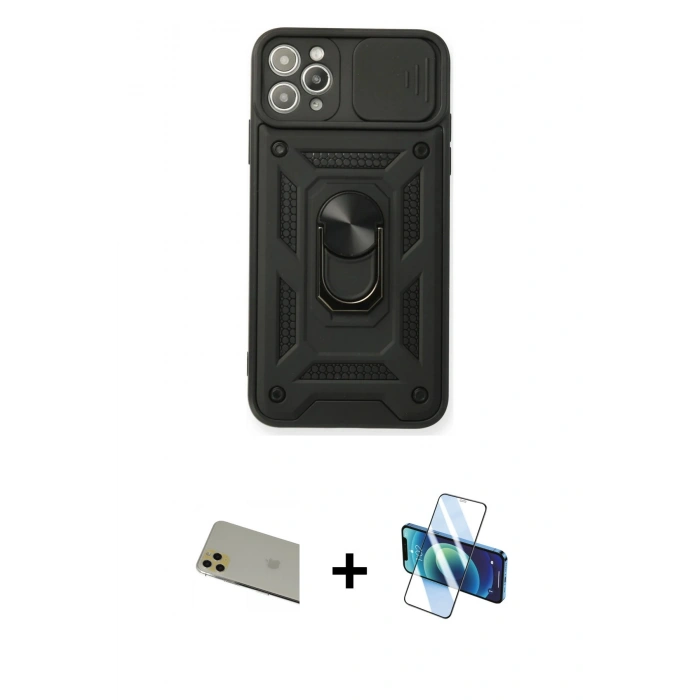 MARSİLYAN™- iPhone 11 Pro Max Kılıf Ahenk Klasik - Siyah 3D Antistatik Seramik Nano Ekran Koruyucu + Rainbow Kamera Lens Koruma Cam - GD