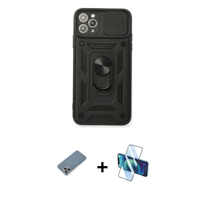 MARSİLYAN™- iPhone 11 Pro Max Kılıf Ahenk Klasik - Siyah 3D Antistatik Seramik Nano Ekran Koruyucu + Metal Kamera Lens Koruma Cam - GS