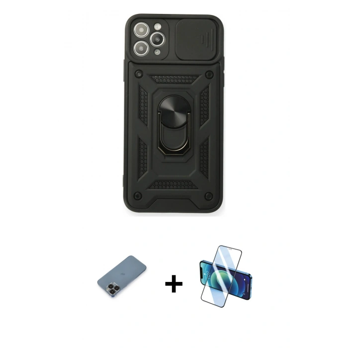 MARSİLYAN™- iPhone 11 Pro Max Kılıf Ahenk Klasik - Siyah 3D Antistatik Seramik Nano Ekran Koruyucu + Metal Kamera Lens Koruma Cam - SH