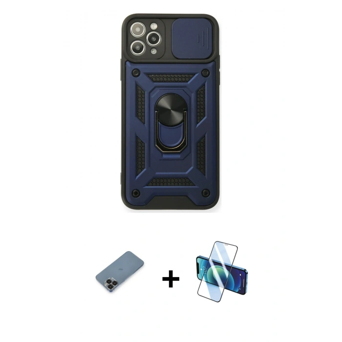 MARSİLYAN™- iPhone 11 Pro Max Kılıf Ahenk Klasik - Siyah 3D Antistatik Seramik Nano Ekran Koruyucu + Metal Kamera Lens Koruma Cam - SH