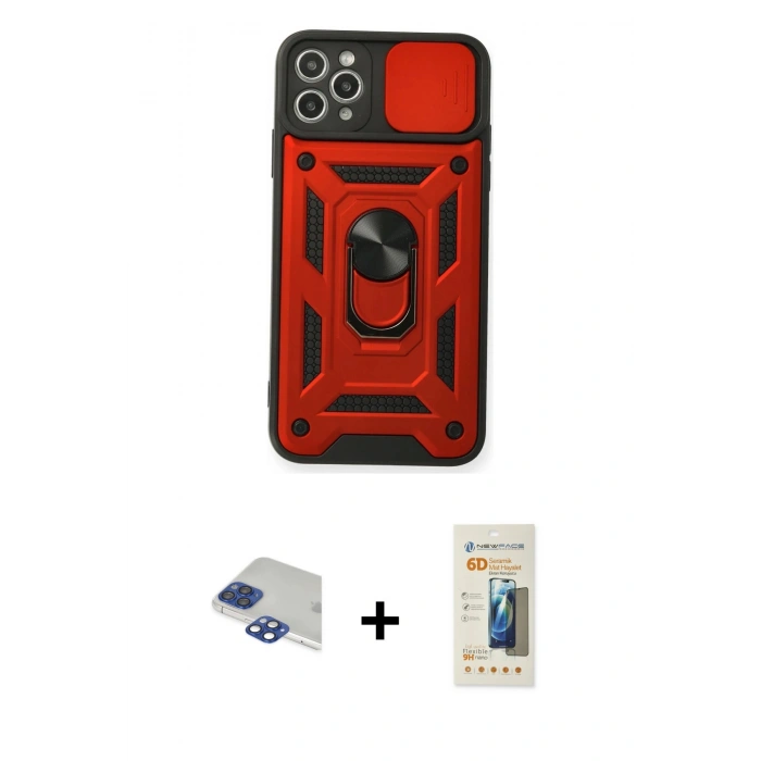 MARSİLYAN™- iPhone 11 Pro Max Kılıf Ahenk Klasik - Siyah 6D Mat Seramik Hayalet Nano Ekran Koruyucu + Lacivert Pers Alüminyum Kamera Lens