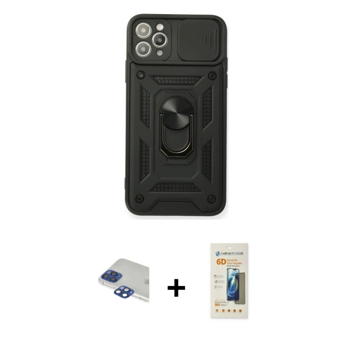 MARSİLYAN™- iPhone 11 Pro Max Kılıf Ahenk Klasik - Siyah 6D Mat Seramik Hayalet Nano Ekran Koruyucu + Lacivert Pers Alüminyum Kamera Lens