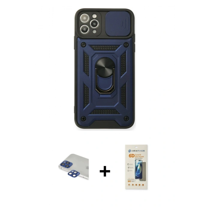 MARSİLYAN™- iPhone 11 Pro Max Kılıf Ahenk Klasik - Siyah 6D Mat Seramik Hayalet Nano Ekran Koruyucu + Lacivert Pers Alüminyum Kamera Lens