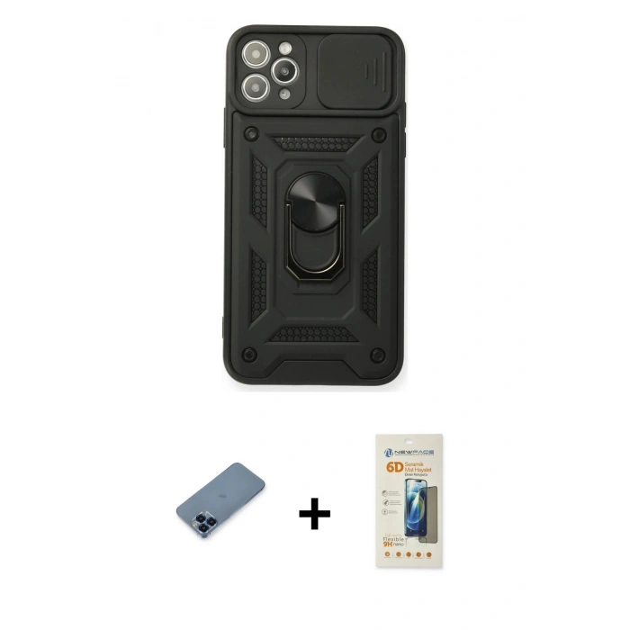 MARSİLYAN™- iPhone 11 Pro Max Kılıf Ahenk Klasik - Siyah 6D Mat Seramik Hayalet Nano Ekran Koruyucu + Metal Kamera Lens Koruma Cam - MI