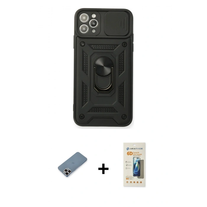 MARSİLYAN™- iPhone 11 Pro Max Kılıf Ahenk Klasik - Siyah 6D Mat Seramik Hayalet Nano Ekran Koruyucu + Metal Kamera Lens Koruma Cam - MR