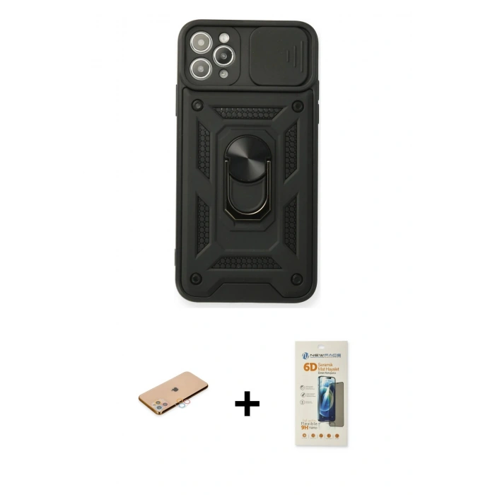 MARSİLYAN™- iPhone 11 Pro Max Kılıf Ahenk Klasik - Siyah 6D Mat Seramik Hayalet Nano Ekran Koruyucu + Pembe Renkli Kamera Lens Koruma Cam
