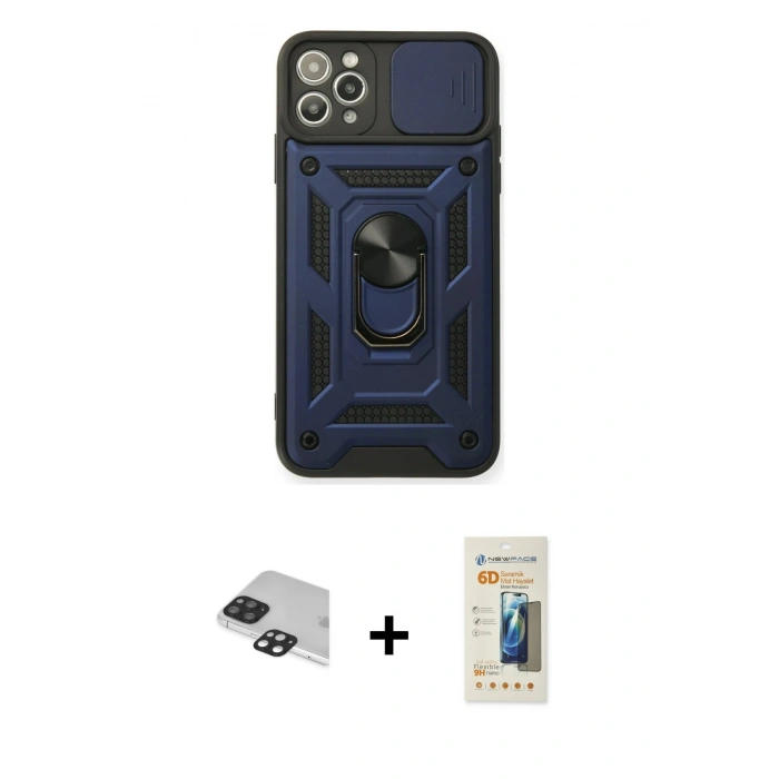 MARSİLYAN™- iPhone 11 Pro Max Kılıf Ahenk Klasik - Siyah 6D Mat Seramik Hayalet Nano Ekran Koruyucu + Pers Alüminyum Kamera Lens - SH