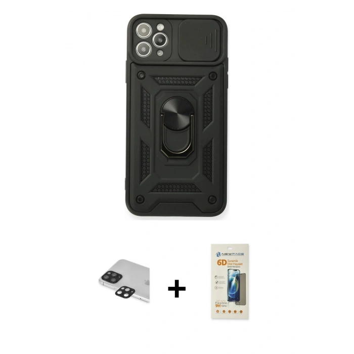 MARSİLYAN™- iPhone 11 Pro Max Kılıf Ahenk Klasik - Siyah 6D Mat Seramik Hayalet Nano Ekran Koruyucu + Pers Alüminyum Kamera Lens - SH