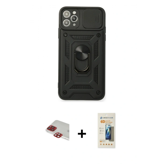 MARSİLYAN™- iPhone 11 Pro Max Kılıf Ahenk Klasik - Siyah 6D Mat Seramik Hayalet Nano Ekran Koruyucu + Pers Alüminyum Kamera Lens - KI