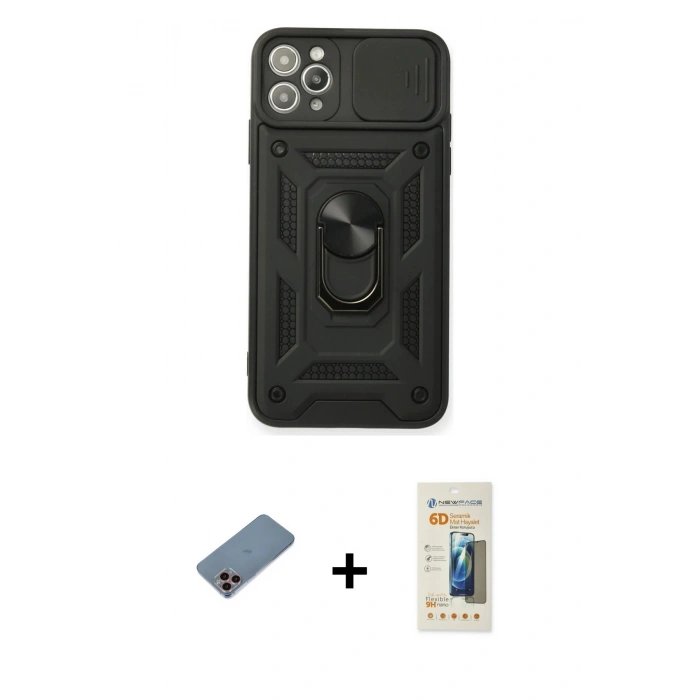 MARSİLYAN™- iPhone 11 Pro Max Kılıf Ahenk Klasik - Siyah 6D Mat Seramik Hayalet Nano Ekran Koruyucu + Shine Kamera Lens Koruma Cam - PE