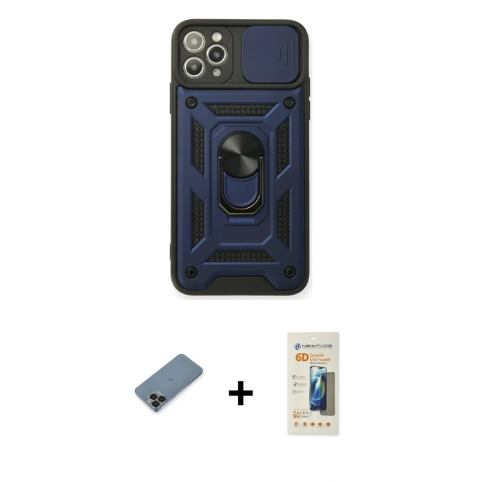 MARSİLYAN™- iPhone 11 Pro Max Kılıf Ahenk Klasik - Siyah 6D Mat Seramik Hayalet Nano Ekran Koruyucu + Siyah Metal Kamera Lens Koruma Cam
